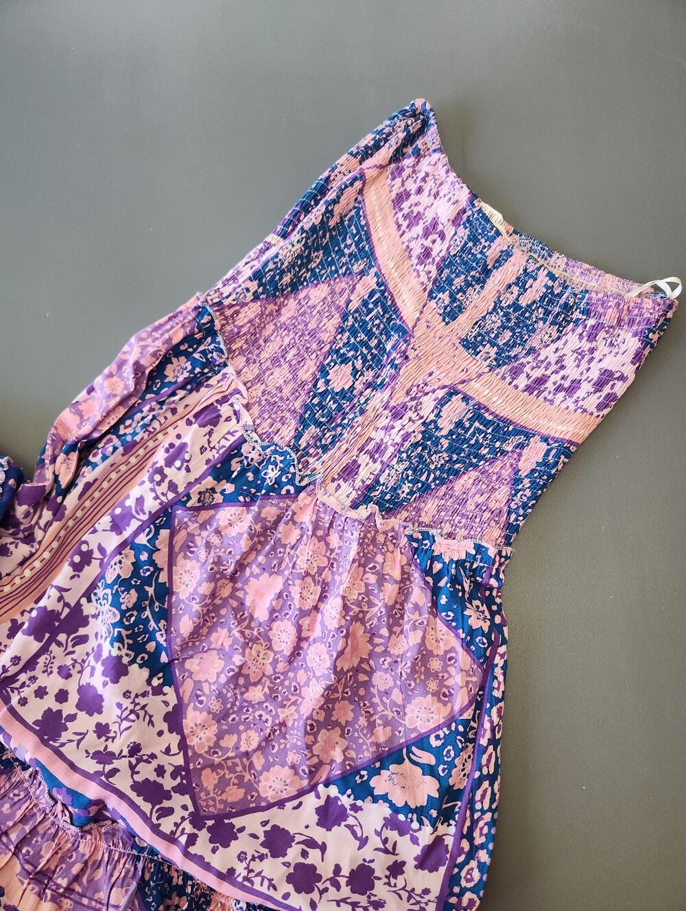 Abel the Label Purple Floral Patchwork Smocked Strapless Tiered Maxi Dress Small
